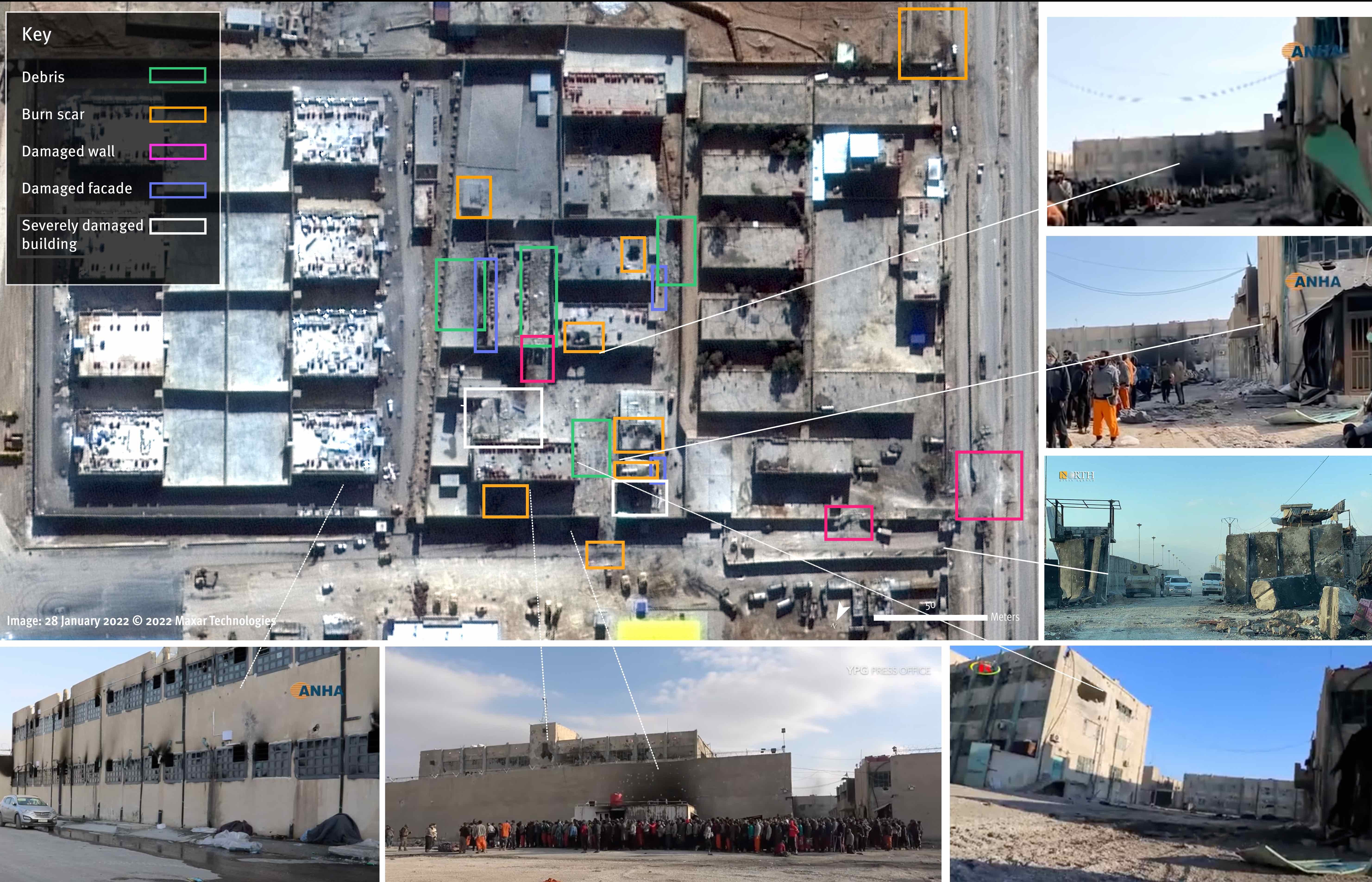 Main damage observed through satellite imagery and video analysis on al-Sina’a prison, al-Hasakah city, northeast Syria from January 25 to 29, 2022.   Satellite imagery acquired on January 28, 2022, as well as videos and photos shared online from January 25 to January 29, 2022, shows extensive damage to al-Sina’a prison and adjacent areas. Eight days after the battle started on January 20, 2022, the roofs and facades of the buildings throughout the core of the prison compound are extensively damaged. Debris