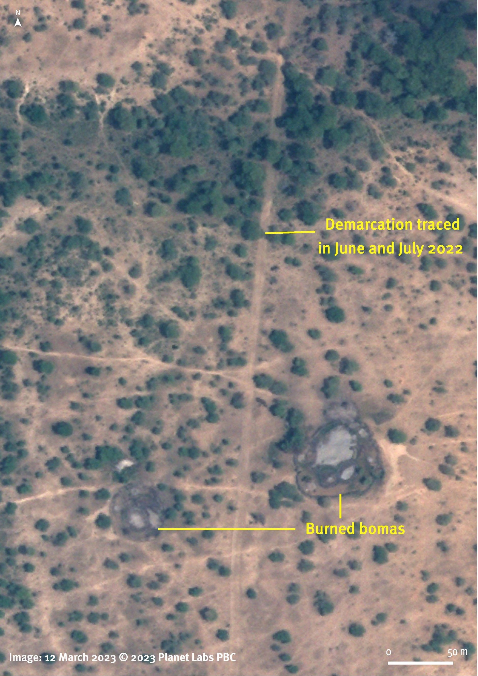 After: Satellite imagery comparison between February 17, 2020 and March 12, 2023 shows the new physical demarcation in Arash ward, Arusha region, Tanzania. Homesteads and animal enclosures located close to the line are destroyed and show signs of burning.