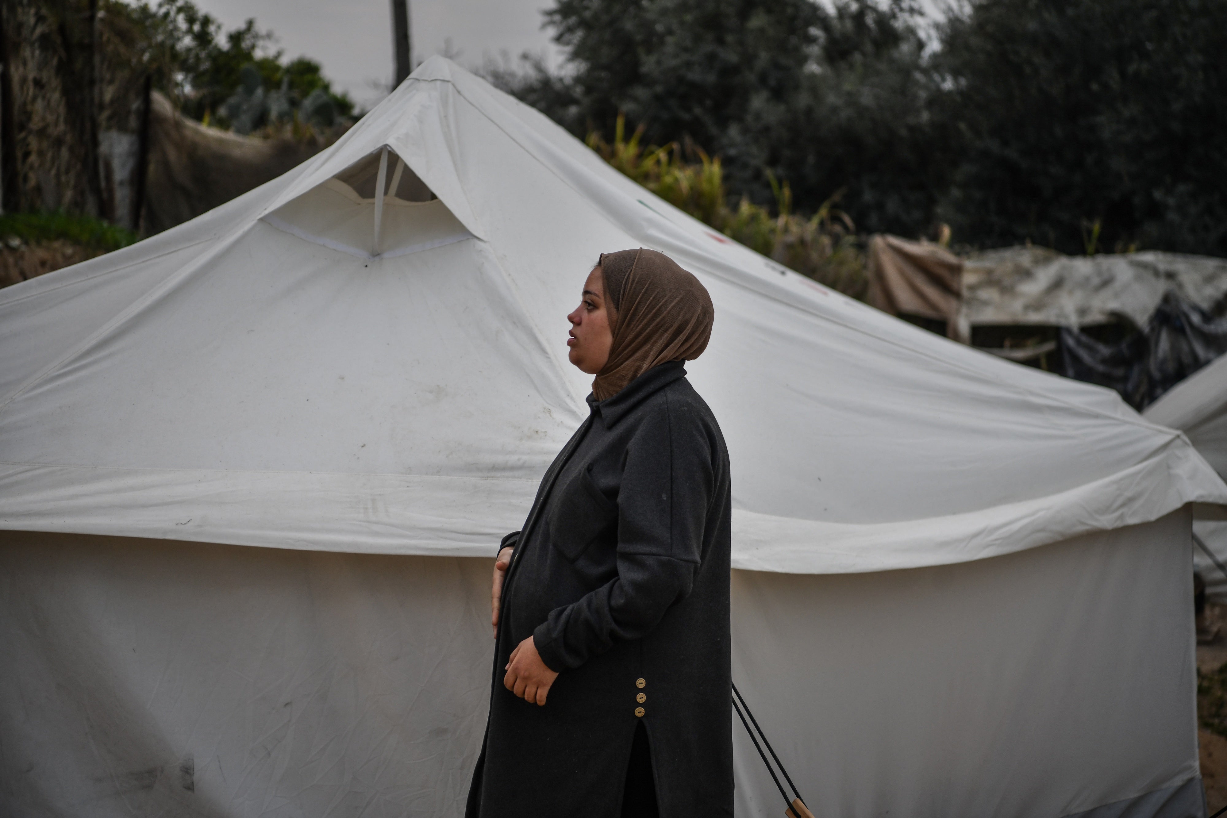 Una mujer palestina, que cursa un embarazo triple, presenta desnutrición y anemia extrema debido a la escasez de alimentos, en un campamento para personas desplazadas en Rafah, Gaza, el 14 de febrero de 2024. 