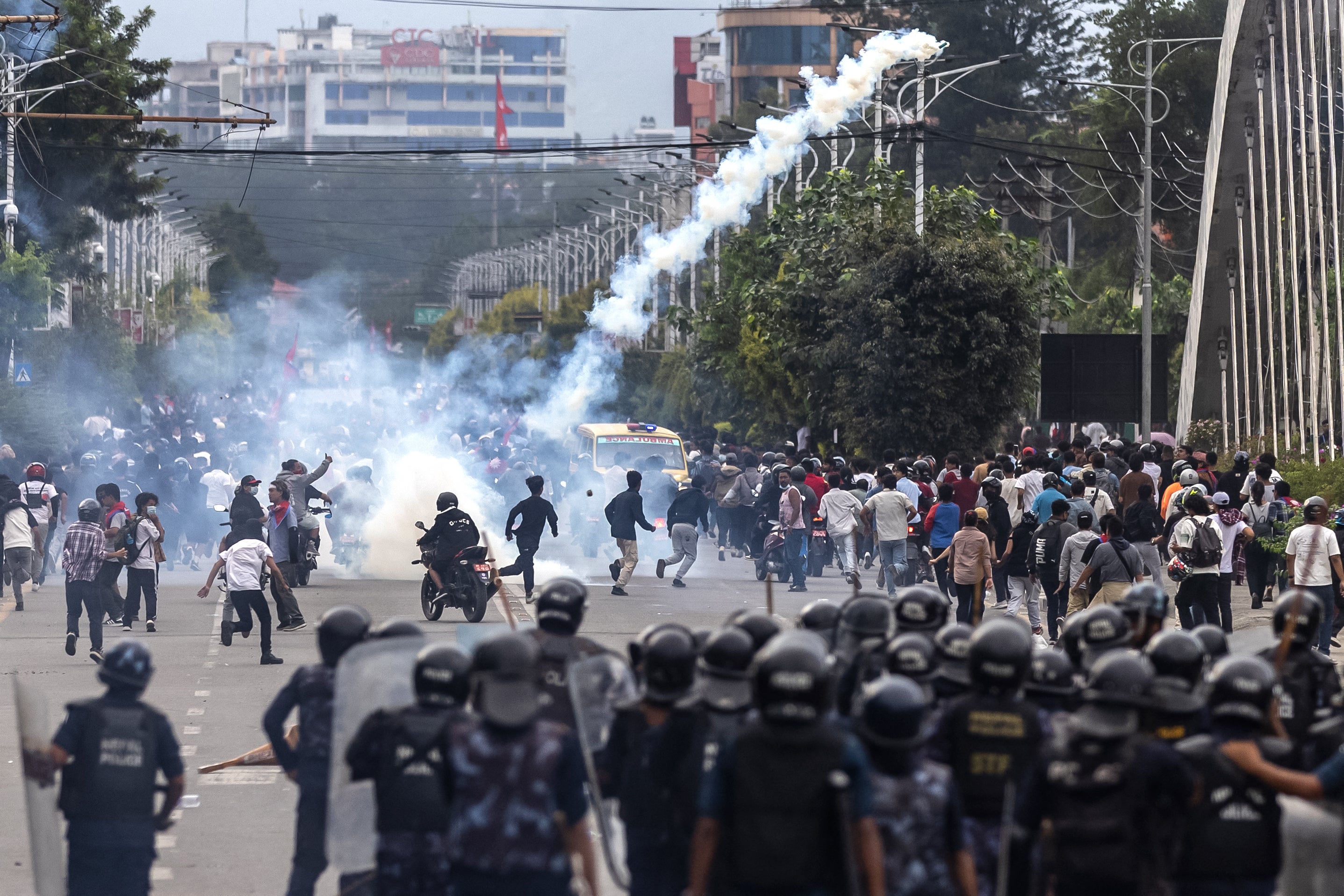 Riot police fired tear gas during a protest outside parliament in Kathmandu, Nepal, September 8, 2025. 