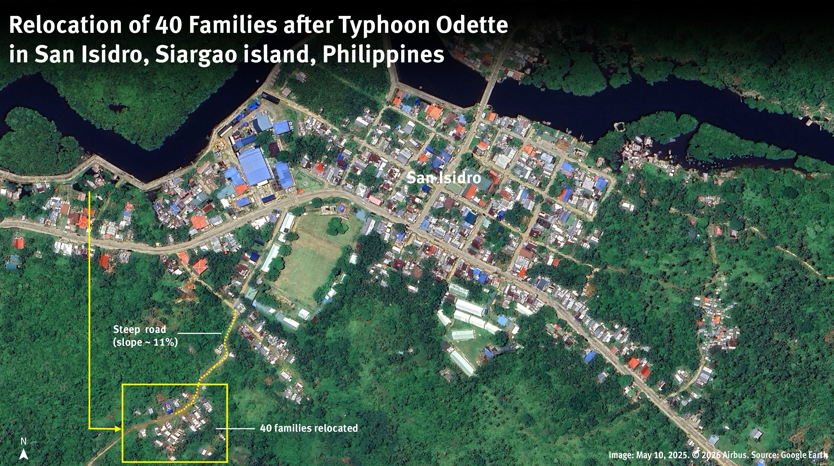 Annotated satellite image - Satellite imagery from May 10, 2025 shows an area at the end of a steep road where 40 families, including people with physical disabilities, were relocated from the bank of the San Isidro River after the passage of Typhoon Odette on December 16, 2021. Image: May 10, 2025 © 2026 Airbus. Google Earth. Analysis and Graphics © 2026 Human Rights Watch