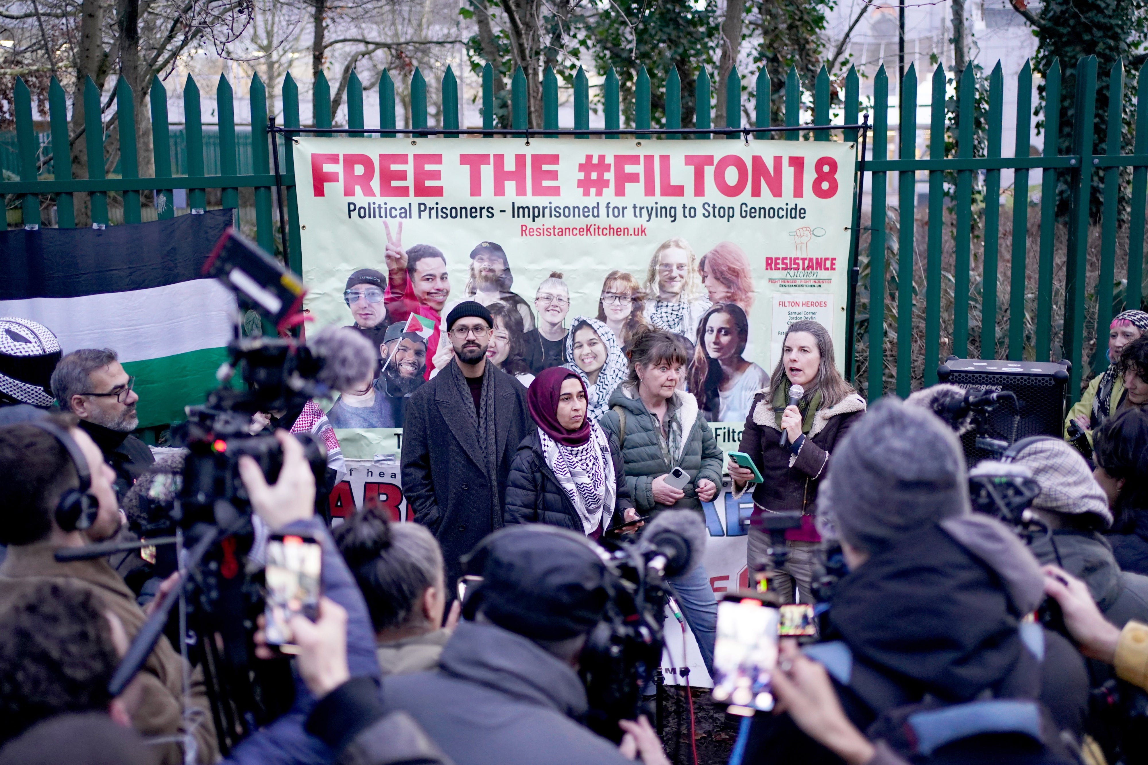 Claire Rogers, mother of Zoe Rogers (C-R), speaks outside Woolwich Crown Court, London, following the acquittal of six Palestine Action activists, February 4, 2026.