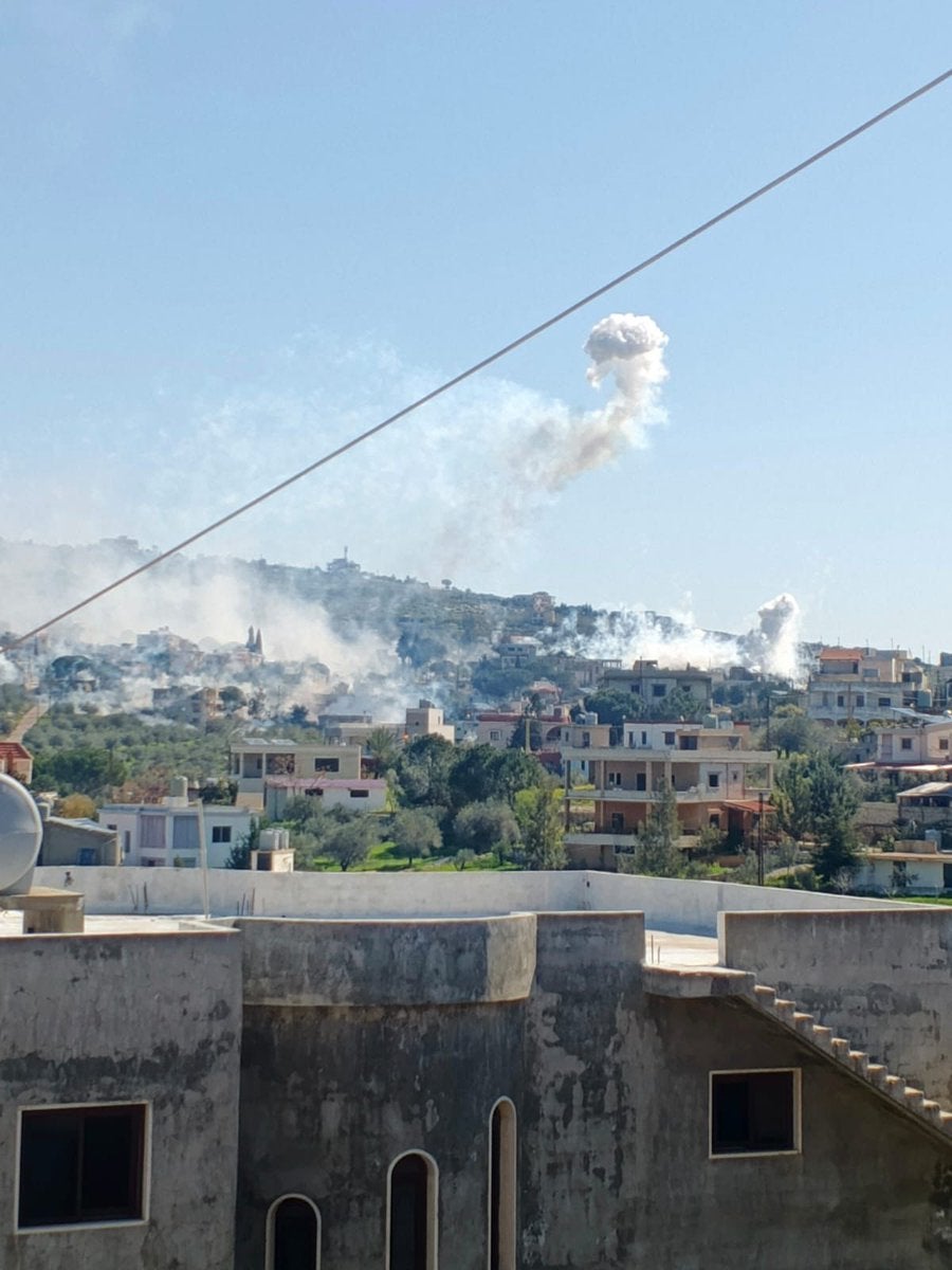 At least two artillery-delivered white phosphorus munitions being airburst over a residential neighborhood in the town of Yohmor, in southern Lebanon, March 3, 2026.