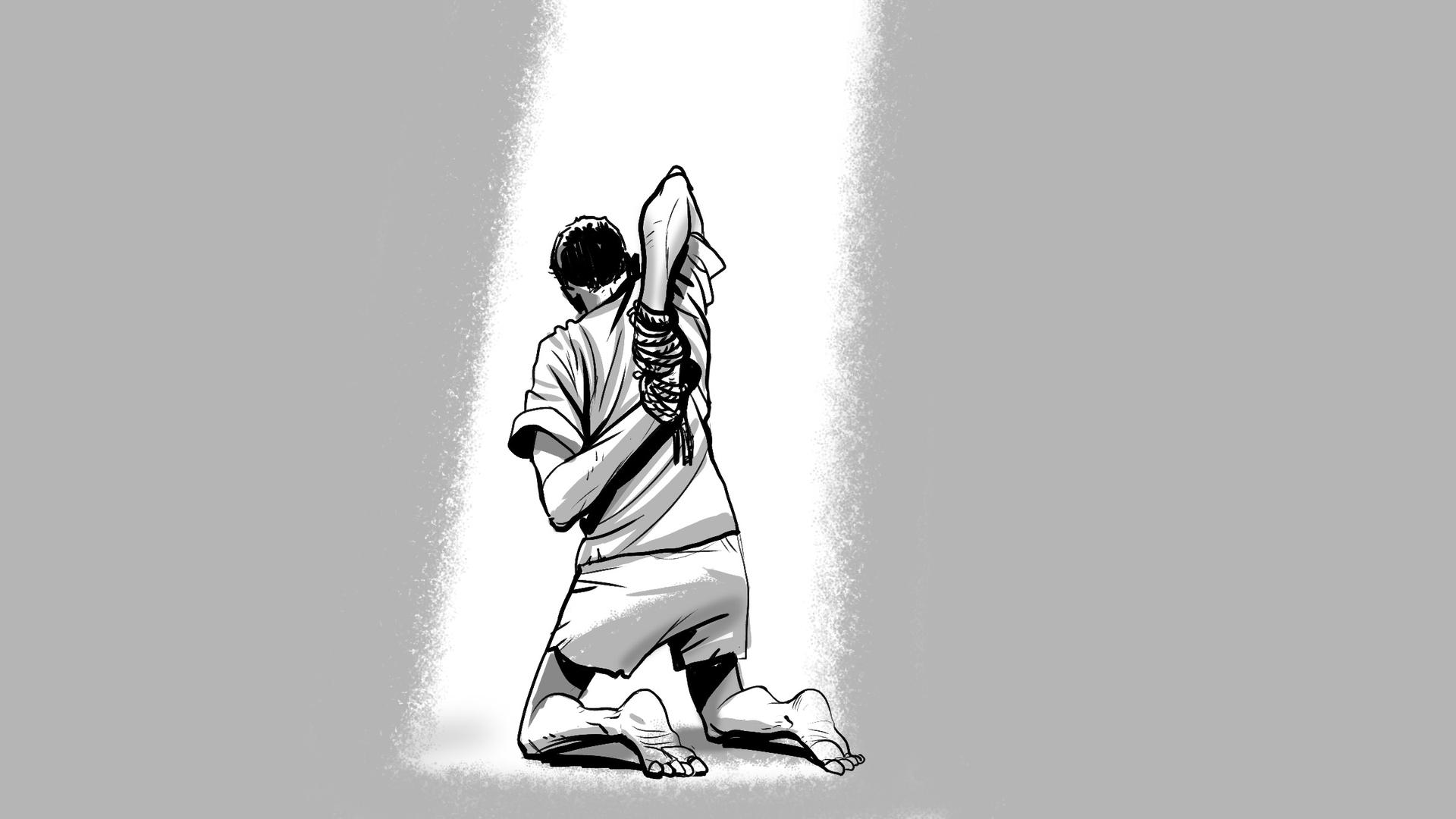 Mahmoud described seeing at least one detainee in the “scorpion” position. He said that in order to cause more pain, at times an officer would kick the detainee to the ground, onto their back, and then stand on their shoulders, crushing their arms and han