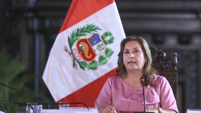 President Dina Boluarte during an ordinary session of the National Council for Citizen Security in Lima, Peru, on March 18, 2025.