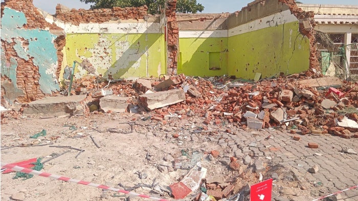 Photograph shared by a Nyala resident on February 6, 2025, shows the destroyed building at the location of a February 3 airstrike near the Mecca Eye Hospital in Nyala, South Darfur. 