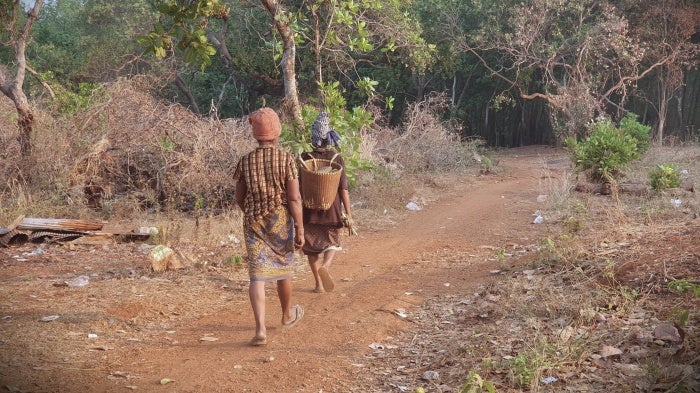 Two people walking down a rural road