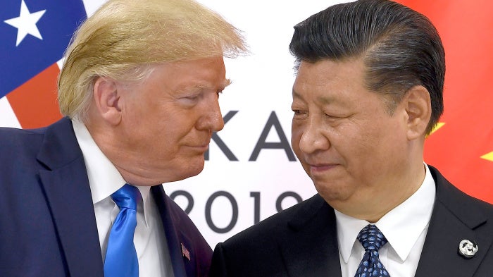 ​US President Donald Trump, left, meets with Chinese President Xi Jinping during a meeting on the sidelines of the G-20 summit in Osaka, Japan, June 29, 2019.