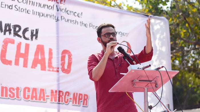 Prominent student activist Umar Khalid speaks during a protest against sectarian violence, the Citizenship Amendment Act and the National Register of Citizens on March 3, 2020 in Dehli, India.