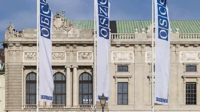 The entrance of the Permanent Council of the Organization for Security and Cooperation in Europe (OSCE), in Vienna, Austria, February 15, 2022. (c) 2022 AP Photo/Lisa Leutner, File