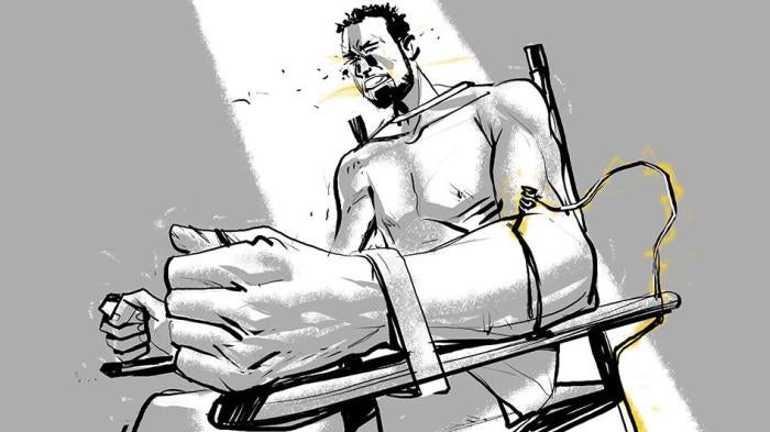 Sketch showing an Egyptian man being electrocuted.