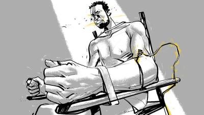 Sketch showing an Egyptian man being electrocuted.