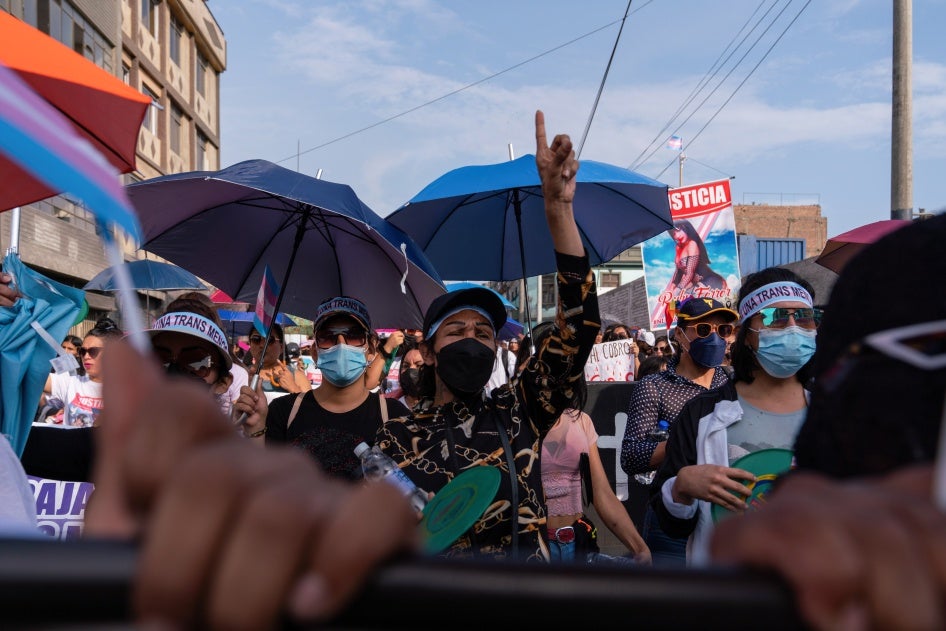 Organizations march to demand faster investigations and justice in cases of transphobic violence in Lima, Peru, on February 22, 2023.