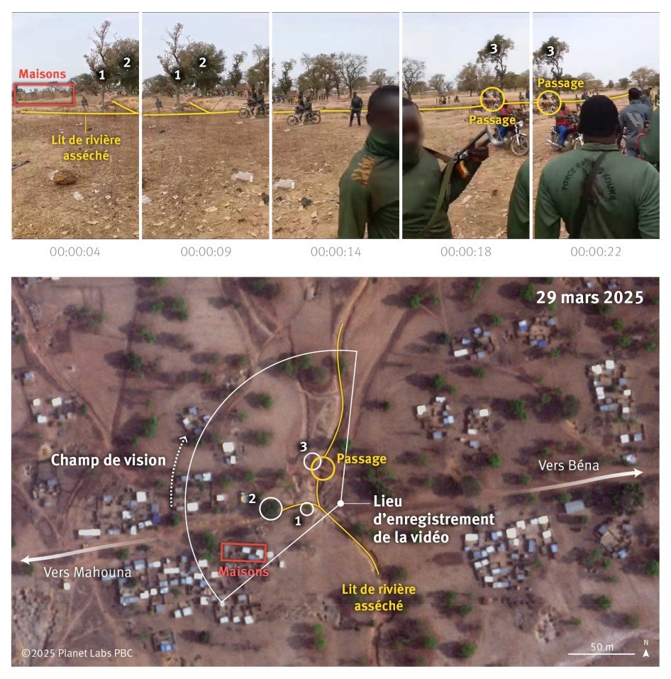 Géolocalisation d’une vidéo montrant des milices VDP jetant des corps sur un véhicule à trois roues près d’un lit de rivière asséché à l’est de Mahouna.