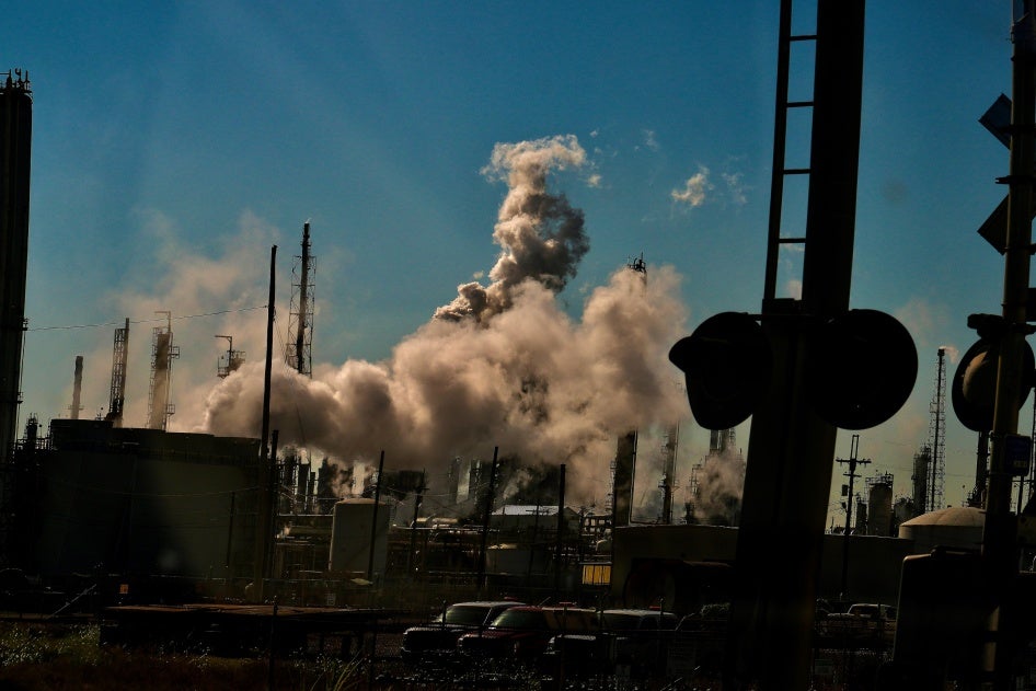 Smoke rises from a plant in Louisiana’s Cancer Alley, October 18, 2023.