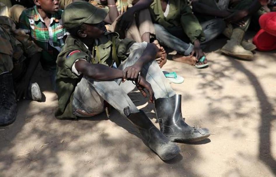 Rebel child soldiers gather in Gumuruk, South Sudan.