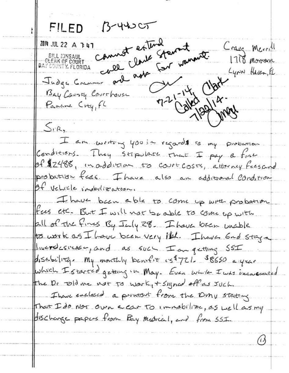 Merrill - VOP letter to judge explaining circumstances (Page 1)