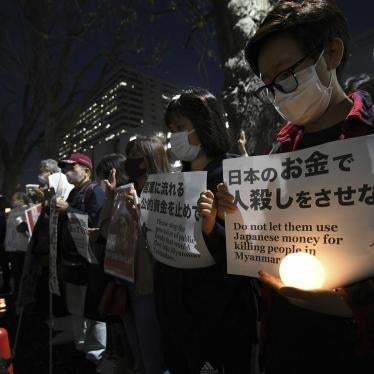 People protest the Myanmar Armed Forces in front of the Ministry of Foreign Affairs in Chiyoda Ward, Tokyo on April 1, 2021.