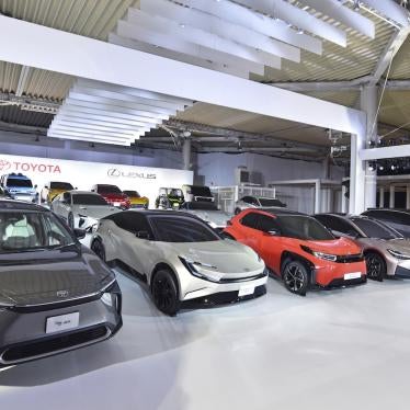 Toyota electric vehicles are displayed at Odaiba Showroom in Tokyo.
