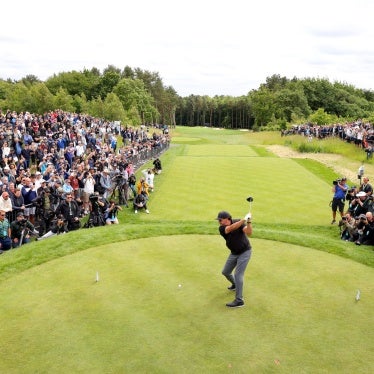 Phil Mickelson tees off on the 1st hole during day one of the LIV Golf Invitational - London at The Centurion Club, St Albans, England, June 9, 2022.