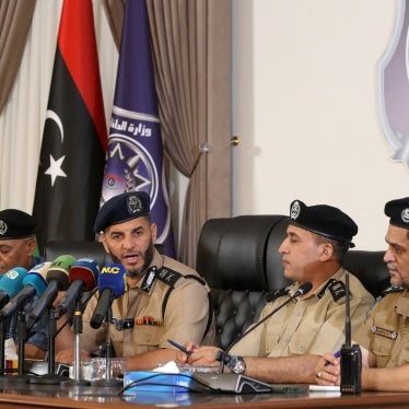  Emad Trabelsi (2nd-L), acting interior minister in the Libyan Government of National Unity, holds a press conference in Tripoli, August 23, 2024.