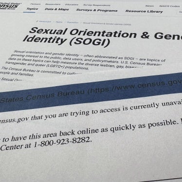 A page, top, from the US government Census.gov website that displayed on January 24, 2025 about sexual orientation and gender identity, and the error page, bottom, showing the page was not available on January 31, 2025. 