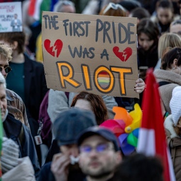 A demonstrator holds a banner during a protest against a new law banning Pride events