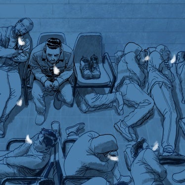 illustration of detainees in a crowded processing room