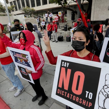 Members of the Burmese-American community demonstrate outside the Consulate General of Myanmar in Los Angeles, April 24, 2021.