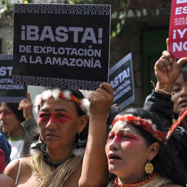 Indigenous women hold up placards in Spanish at a protest