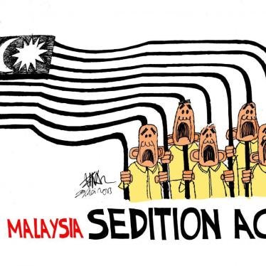 漫画家祖纳（Zunar）讽刺马来西亚政府滥用《煽动法》逮捕监禁批评人士的作品。