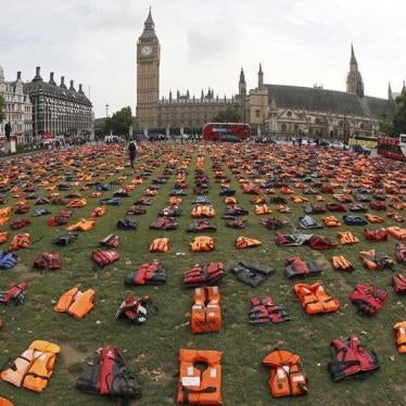 A display of lifejackets worn by refugees during their crossing from Turkey to the Greek island of Chois, are seen Parliament Square in central London, Britain September 19, 2016.