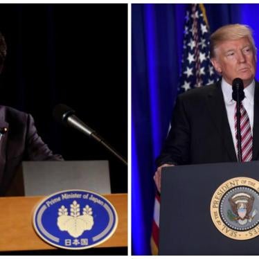 Left: Japan's Prime Minister Shinzo Abe speaks at a news conference in Hanoi, Vietnam January 16, 2017; Right: U.S. President Donald Trump speaks during the 2017 "Congress of Tomorrow" Joint Republican Issues Conference in Philadelphia, Pennsylvania, U.S.