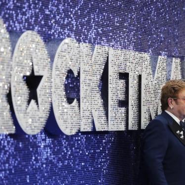 Musician Elton John and producer David Furnish, right, arrive for the UK Film Premiere of Rocketman at the Odeon Luxe in London, Monday, May 20, 2019.