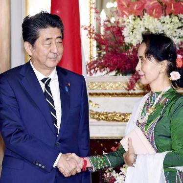 Aung San Suu Kyi, a Burmese politician, diplomat, author, and Nobel Peace Prize laureate (1991), meets Japan's Prime Minister Shinzo Abe at Akasaka Palace in Minato Ward, Tokyo on October 21, 2019. Aung San Suu Kyi comes to Japan to attend an enthronement